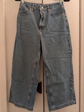 Topshop Moto Diamante Embellished Blue Jeans Cropped Wide Leg Size 28x30